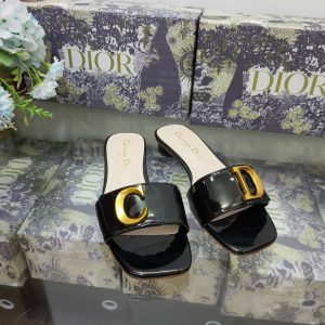 European and American cow patent leather Di0r letter metal buckle low heel square toe open toe genuine leather sole comfortable flat heel women's sandals 35...40