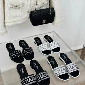 Chanel rhinestone slippers black white
