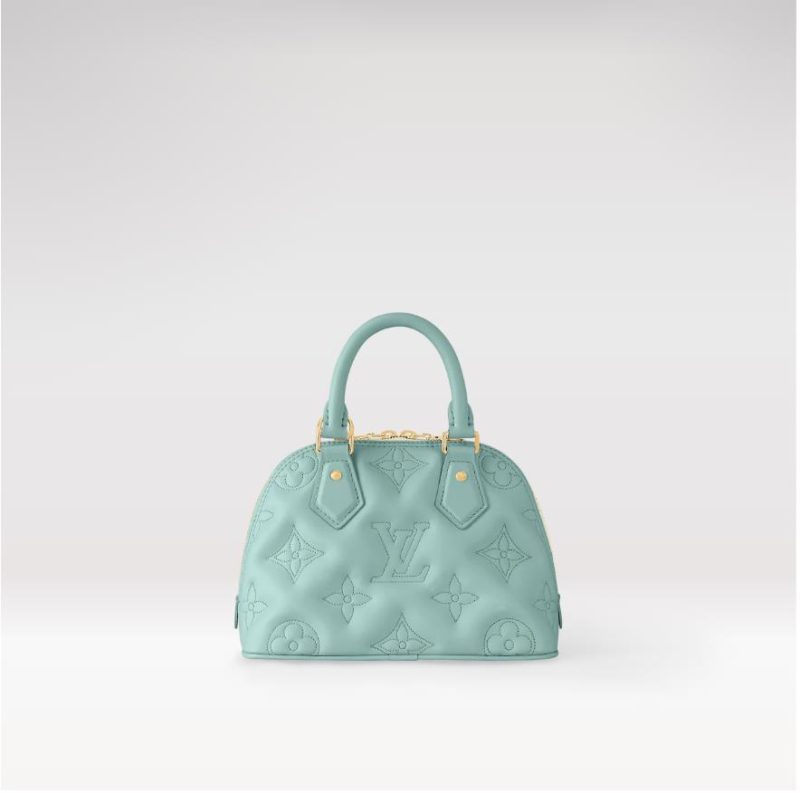 Knockoff Louis Vuitton fake LV Alma BB Bag Vert d Eau Green LV M20855. The eye-catching Alma BB handbag is fashioned from quilted calf leather with an embroidered Monogram pattern. The new colorway will bring a soft