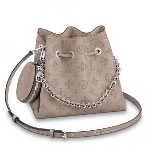 Knockoff Louis Vuitton fake LV Bella Bag In Galet Mahina Leather M57201 BLV253. Louis Vuitton unveils the Bella bucket bag in Mahina calf leather with a perForated Monogram pattern. The bag??s small size and the attached round coin purse