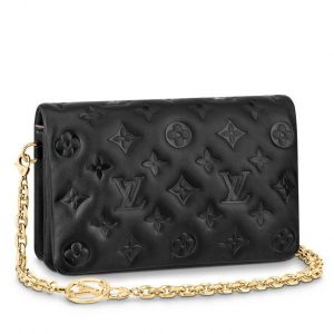 Knockoff Louis Vuitton fake LV Black Coussin Pochette Bag M80742 BLV703. The Pochette Coussin is crafted from soft lambskin