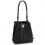 Knockoff Louis Vuitton fake LV Black Lockme Bucket Bag M43878 BLV749. This edition of the Lockme Bucket sports an embellishment of silver-color rivets. The metal studs lend an edgy attitude to the soft calf leather and complement the signature LV turn lock. A leather drawstring pulls the bag tight; an adjustable leather strap ensures comFortable shoulder- or cross-body wear.