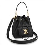 Knockoff Louis Vuitton fake LV Black Lockme Bucket Bag M57687 BLV718. The Lockme Bucket bag in grained calf lather is immediately recognizable by its faceted LV turn lock on the front pocket. This supple bag with curvy proportions is comFortable to carry. The removable and adjustable strap in leather means it can be worn on the shoulder and cross-body