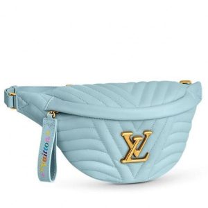 Knockoff Louis Vuitton fake LV Bleu Porcelaine New Wave Bumbag M55331 BLV633. The New Wave Bumbag in quilted calf leather is a fashionable model in tune with city lifestyles. It features a vintage gold-color LV on the front