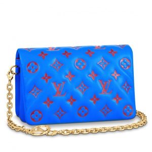 Knockoff Louis Vuitton fake LV Blue Coussin Pochette Bag M80743 BLV708. The Pochette Coussin is crafted from soft lambskin