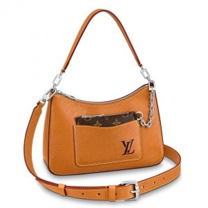 Knockoff Louis Vuitton fake LV Brown Marelle Bag Epi Leather M80794 BLV180. The Marelle handbag is fashioned from grained Epi leather with a detachable canvas pouch that sits in an outside pocket and is attached to the bag with a chain. The Marelle can be carried by hand