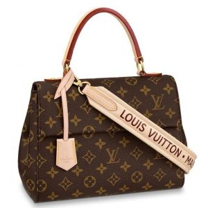 Knockoff Louis Vuitton fake LV Cluny BB Bag Monogram Canvas M44863 BLV356. A printed leather strap lends an edgy twist to this Cluny BB handbag