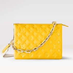 Knockoff LV fake Louis Vuitton Coussin PM LV Bag Yellow M20378. Fashioned from puffy lambskin and accessorized with a chunky gold-color chain