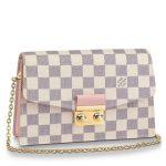 Knockoff Louis Vuitton fake LV Croisette Chain Wallet Damier Azur N60357 BLV039. The Croisette chain wallet looks fresh and feminine in Damier Azur canvas with colored leather trim. Its neat design is complemented by refined details