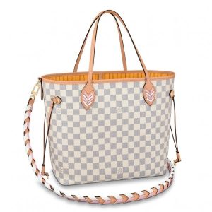 Knockoff Louis Vuitton fake LV Damier Azur Neverfull MM Bag With Braided Strap N50047 BLV043. The Neverfull MM is made from Damier Azur canvas with a shoulder strap in two-color braided leather and colorful braided handle mounts. The leatherwork is braided entirely by hand. The bag s side laces can be cinched to change its silhouette. A removable pouch inside can be used as a clutch or an extra pocket.