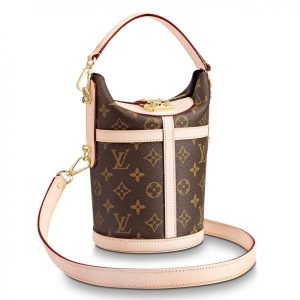Knockoff Louis Vuitton fake LV Duffle Bag Monogram Canvas M43587 BLV345. The bucket shape reimagined by Nicolas Ghesqui??re as the Duffle tops the list of ????it bags???? For SS 18. Crafted of supple Monogram canvas with a finely crafted signature S-Lock