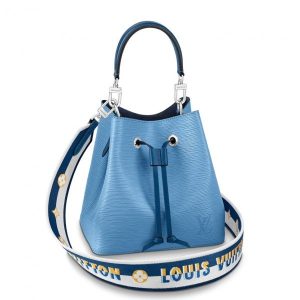Knockoff Louis Vuitton fake LV Epi Neonoe BB Bag With Jacquard Strap M57691 BLV162. The adorable N??oNo?? BB bucket bag now features an embroidered Jacquard strap For stylish shoulder carry. The wide removable strap is reversible: Louis Vuitton logos on one side
