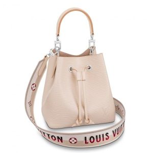 Knockoff Louis Vuitton fake LV Epi Neonoe BB Bag With Jacquard Strap M57693 BLV161. The adorable N??oNo?? BB bucket bag now features an embroidered Jacquard strap For stylish shoulder carry. The wide removable strap is reversible: Louis Vuitton logos on one side