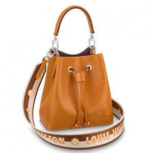 Knockoff Louis Vuitton fake LV Epi Neonoe BB Bag With Jacquard Strap M57706 BLV160. The adorable N??oNo?? BB bucket bag now features an embroidered Jacquard strap For stylish shoulder carry. The wide removable strap is reversible: Louis Vuitton logos on one side