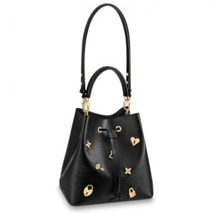 Knockoff Louis Vuitton fake LV Epi Neonoe Bag Love Lock M53237 BLV230. This Love Lock N??oNo?? bucket bag is part of a charming capsule designed For Spring 2019. Fashioned from signature Epi grained leather