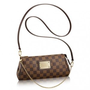 Knockoff Louis Vuitton fake LV Eva Clutch Damier Ebene N55213 BLV125. The short golden shoulder chain of the Eva is perfect For evening use