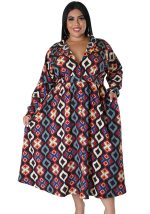 This Africa Plus Size Women's Fashion Print Sexy v-Neck Long Sleeve Slim Waist Maxi Dress Made Of Soft And Elastic Fabric. Global Lover Wholesale Plus Size Dresses And Hope Curvy Ladies Find Here a Warm And Exciting Place To Shop Affordable Curvy Dresses Online - Plus Size Casual