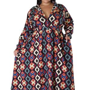 This Africa Plus Size Women's Fashion Print Sexy v-Neck Long Sleeve Slim Waist Maxi Dress Made Of Soft And Elastic Fabric. Global Lover Wholesale Plus Size Dresses And Hope Curvy Ladies Find Here a Warm And Exciting Place To Shop Affordable Curvy Dresses Online - Plus Size Casual