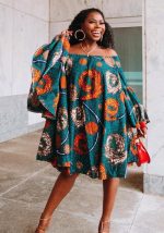 This Africa Plus Size Women's Chic Off Shoulder Bell Bottom Sleeve Print Dress Design Made Of High Quality Polyster And Spandex Material. It Is Stretchy