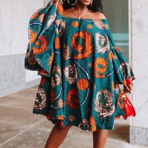 This Africa Plus Size Women's Chic Off Shoulder Bell Bottom Sleeve Print Dress Design Made Of High Quality Polyster And Spandex Material. It Is Stretchy