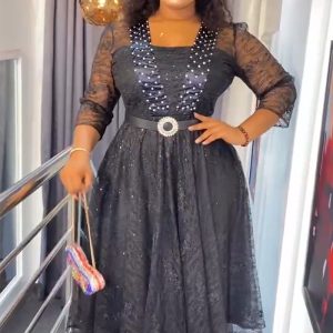 This African Clothing Plus Size Women's Lace Patchwork Beaded a-Line High Waist Dress With Belt Made Of Soft And Elastic Fabric. Global Lover Wholesale Plus Size Dresses And Hope Curvy Ladies Find Here a Warm And Exciting Place To Shop Affordable Curvy Dresses Online - Plus Size Casual