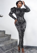 This African Ladies Sequin Bubble Long Sleeve Evening Dress Design Made Of Good Quality Polyster And Spandex Material