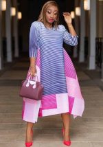 This African Loose Plus Size Women's Spring Retro Stripes Printed Casual Loose Dress Design Made Of High Quality Polyster And Spandex Material. It Is Stretchy