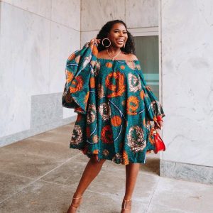 This African Plus Size Women Off Shoulder Bell Bottom Sleeve Print Dress Design Made Of High Quality Polyster And Spandex Material. It Is Stretchy