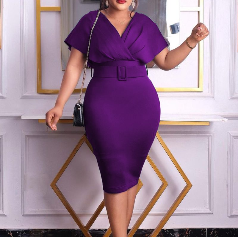 This African Plus Size Women's Fashion Slim Fit v-Neck Chic Office Dress Design Made Of High Quality Polyster And Spandex Material. It Come With Good Stretch And Wearing Comfortable. Women¡¯s Midi Dresses Is Omnipotent And Suit For All Kinds Of Occasions - Daily Wear