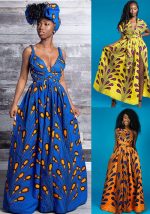 This African Women Print Sexy Lace-Up Slit Dress Design Made Of High Quality Polyster And Spandex Material