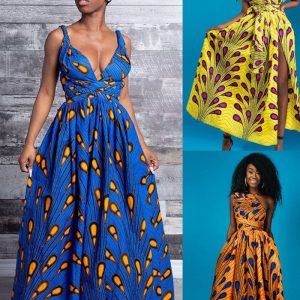 This African Women Print Sexy Lace-Up Slit Dress Design Made Of High Quality Polyster And Spandex Material