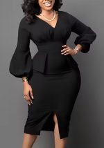 This African Women v-Neck Puff Sleeve Slit Dress Design Made Of High End Polyster And Spandex Material