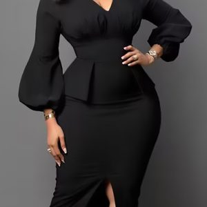 This African Women v-Neck Puff Sleeve Slit Dress Design Made Of High End Polyster And Spandex Material