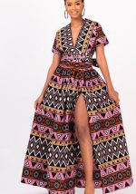 This African Women's Dress Chic Career Slit Tie Digital Print Swing Dress Design Made Of High Quality Polyster And Spandex Material