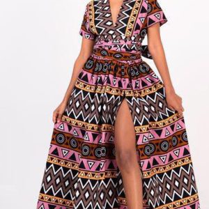 This African Women's Dress Chic Career Slit Tie Digital Print Swing Dress Design Made Of High Quality Polyster And Spandex Material