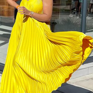 This African Women's Summer Style Loose v-Neck Strap Pleated Holidays Long Dress Design Made Of High Quality Polyster And Spandex Material