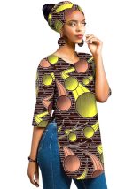 This African Full Cotton Batik Printing Ladies Three-Piece Top + Headscarf + Earrings Design Made Of Thick Polyster And Spandex Materail