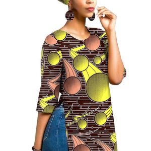 This African Full Cotton Batik Printing Ladies Three-Piece Top + Headscarf + Earrings Design Made Of Thick Polyster And Spandex Materail