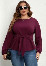 This Autumn And Spring Women's v-Neck Long-Sleeved Purple Shirt Tie Top Made Of Comfortable And Elastic Fabric. It Is Wholesale Sexy Plus Size Tops For Women. With The Gradual Rise Of Feminist Awareness