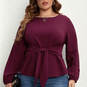 This Autumn And Spring Women's v-Neck Long-Sleeved Purple Shirt Tie Top Made Of Comfortable And Elastic Fabric. It Is Wholesale Sexy Plus Size Tops For Women. With The Gradual Rise Of Feminist Awareness