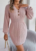 This Autumn And Winter Buttoned v-Neck Lantern Sleeves Bodycon Sweater Dress Women's Clothing Combine The Warm And Fashion. It Is a Must-Have Item For This Winter. Sweater Dresses For Women At Global Lover Comes For Different Occasions - Daily Life