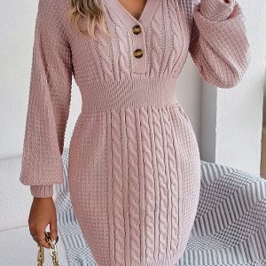 This Autumn And Winter Buttoned v-Neck Lantern Sleeves Bodycon Sweater Dress Women's Clothing Combine The Warm And Fashion. It Is a Must-Have Item For This Winter. Sweater Dresses For Women At Global Lover Comes For Different Occasions - Daily Life