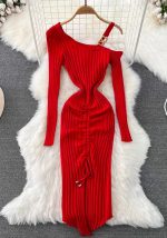 This Autumn And Winter Fashionable And Sexy Slash Shoulder Straps Slim Waist Slim Fit Maxi Drawstring Bodycon Knitting Dress For Women Combine The Warm And Fashion. It Is a Must-Have Item For This Winter. Sweater Dresses For Women At Global Lover Comes For Different Occasions - Daily Life