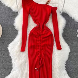 This Autumn And Winter Fashionable And Sexy Slash Shoulder Straps Slim Waist Slim Fit Maxi Drawstring Bodycon Knitting Dress For Women Combine The Warm And Fashion. It Is a Must-Have Item For This Winter. Sweater Dresses For Women At Global Lover Comes For Different Occasions - Daily Life