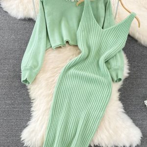 This Autumn And Winter French Chic Beaded High-Waisted Sweater Dress Knitting Shirt Two-Piece Set Combine The Warm And Fashion. It Is a Must-Have Item For This Winter. Sweater Dresses For Women At Global Lover Comes For Different Occasions - Daily Life