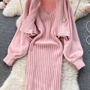 This Autumn And Winter Knitting Suit Women's Short Sweater Cardigan Coat Strap Dress Two-Piece Set Combine The Warm And Fashion. It Is a Must-Have Item For This Winter. Sweater Dresses For Women At Global Lover Comes For Different Occasions - Daily Life