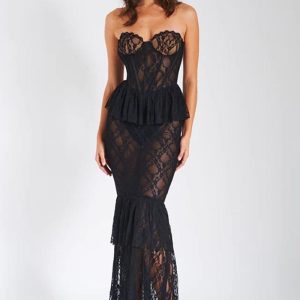 This Autumn And Winter Lace See-Through Strapless Fishtail Dress Sexy Tight Fitting Nightclub Style Long Dress Design Made Of Good Quality Polyster And Spandex Material