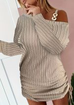 This Autumn And Winter Plus Size Solid Color Metal Buckle Slash Shoulder Slim Sexy Long Sleeve Bodycon Dress For Women Made Of Soft And Elastic Fabric. Global Lover Wholesale Plus Size Dresses And Hope Curvy Ladies Find Here a Warm And Exciting Place To Shop Affordable Curvy Dresses Online - Plus Size Casual