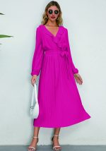 This Autumn And Winter Ruffled v-Neck Long-Sleeved Pleated Long Slim Chic Women Dress Design Made Of High Quality Polyster And Spandex Material. It Is Stretchy