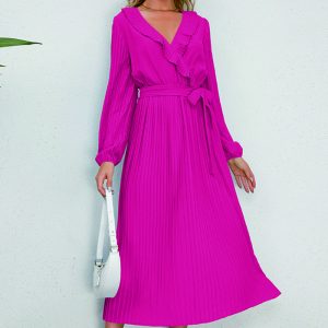 This Autumn And Winter Ruffled v-Neck Long-Sleeved Pleated Long Slim Chic Women Dress Design Made Of High Quality Polyster And Spandex Material. It Is Stretchy